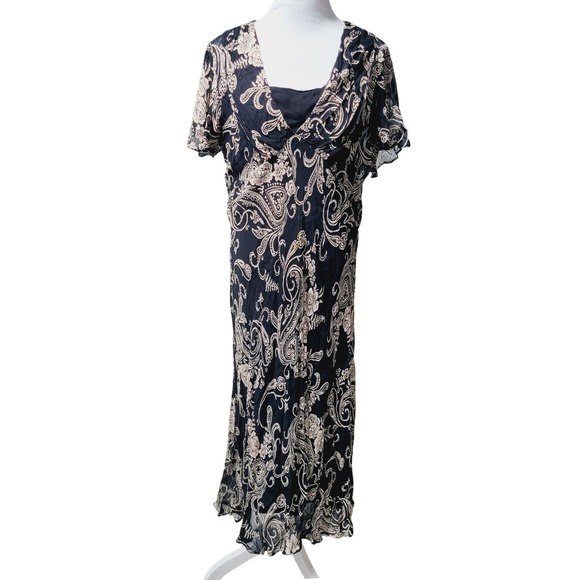 Lola P. Vintage Maxi Dress Paisley Print Cocktail Flowy Black Beige XL Beaded‎ - Picture 1 of 7